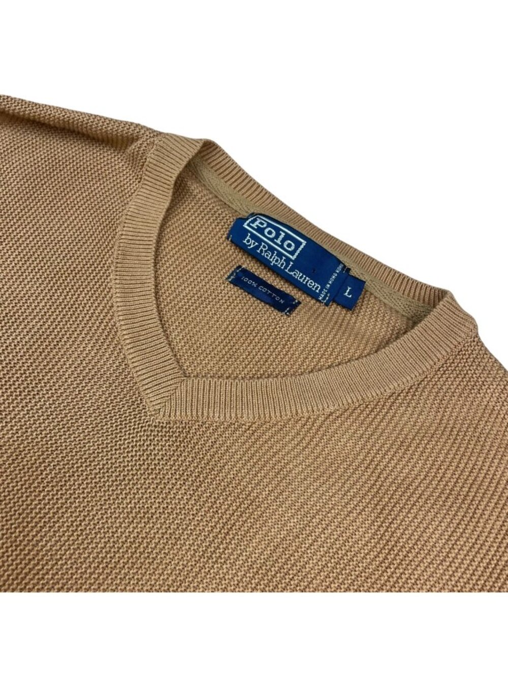 VTG Polo Ralph Lauren Men's 100% Cotton Knit V-Neck Pullover Sweater Tan • Large